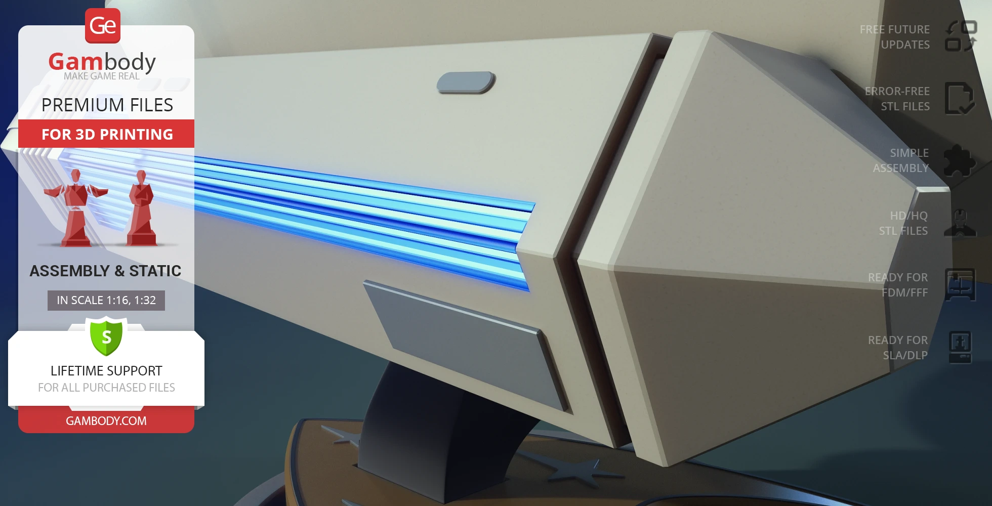 Close-up of the Enterprise D Shuttlecraft Type 6 model detail with blue accents, ready for 3D printing.