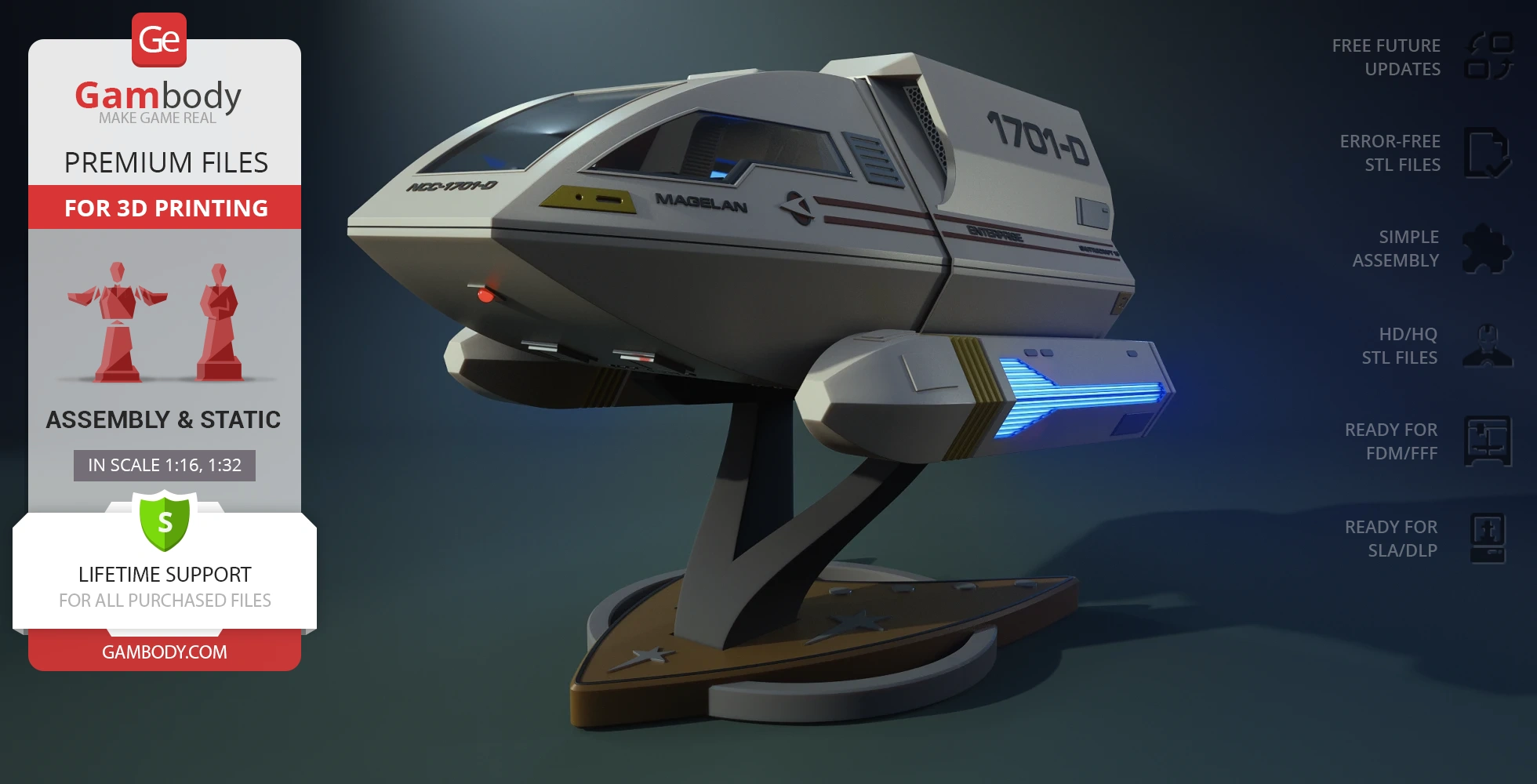Enterprise D Shuttlecraft Type 6 3D model for printing, displayed on a stand with promotional details.