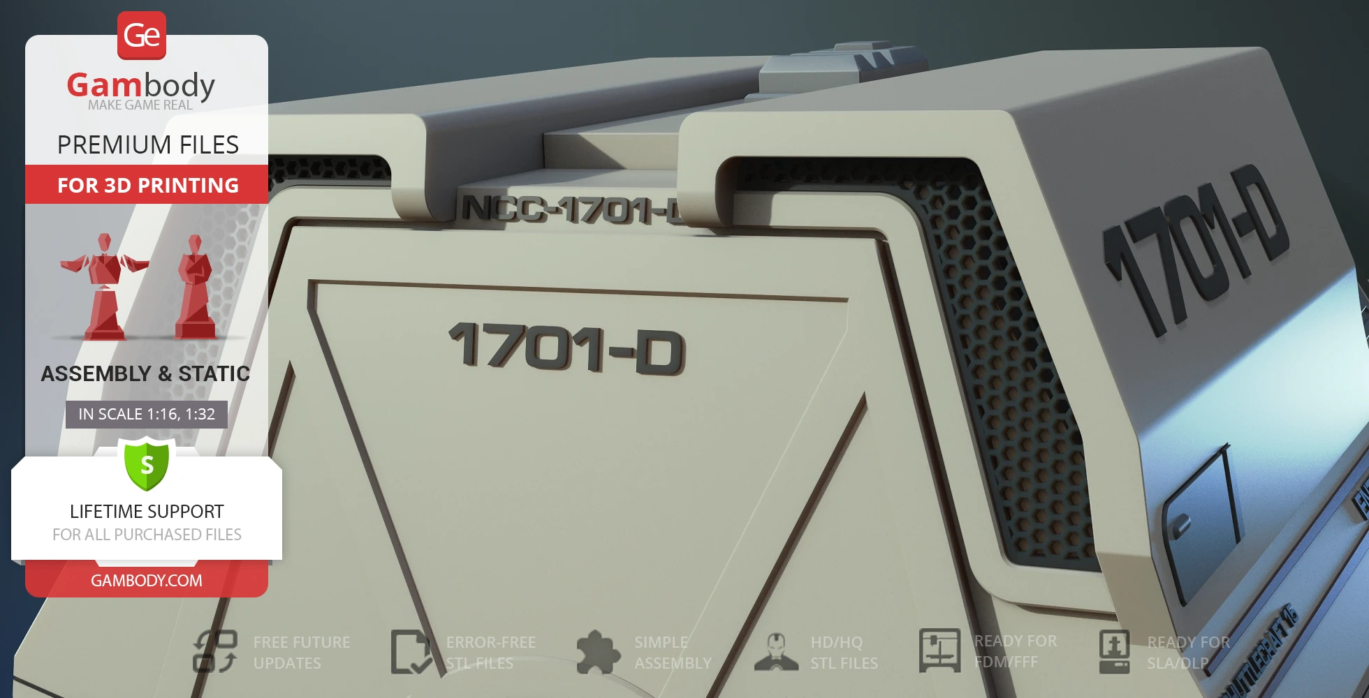 3D model of Type 6 Shuttlecraft from Star Trek, labeled '1701-D' for 3D printing.