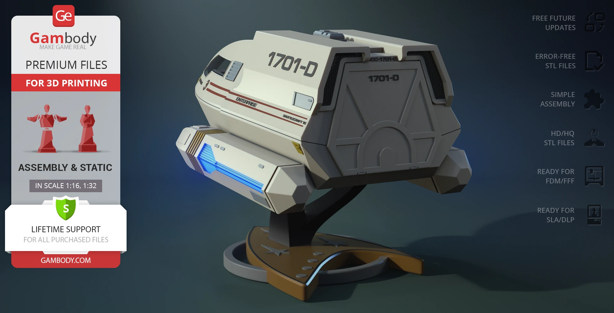 3D model of Star Trek's Enterprise D Shuttlecraft Type 6, detailed for 3D printing, displayed on a stand.