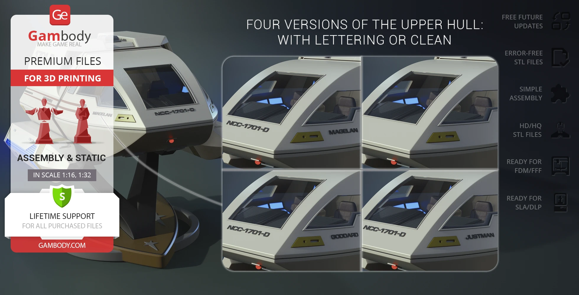 Enterprise D Shuttlecraft Type 6 model with four upper hull variations for 3D printing.