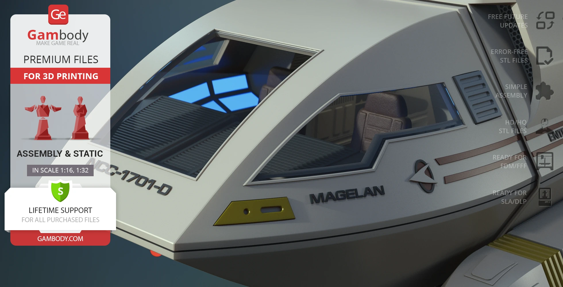 Close-up of a detailed 3D model of the Enterprise D Type 6 Shuttlecraft from Star Trek.