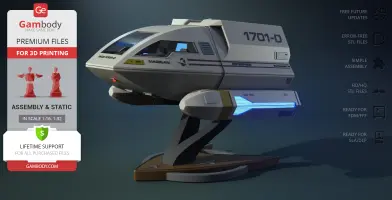 A detailed 3D model of a Star Trek Type 6 Shuttlecraft on a display stand, ready for 3D printing.