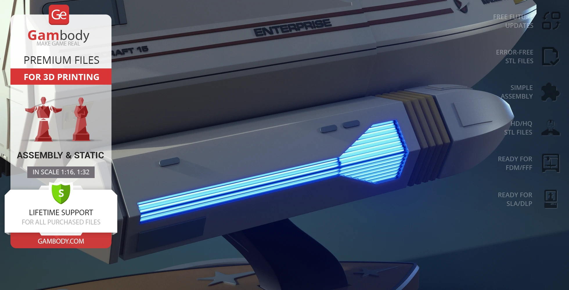 A detailed 3D model of a Star Trek Type 6 shuttlecraft for 3D printing, featuring vibrant blue accents.
