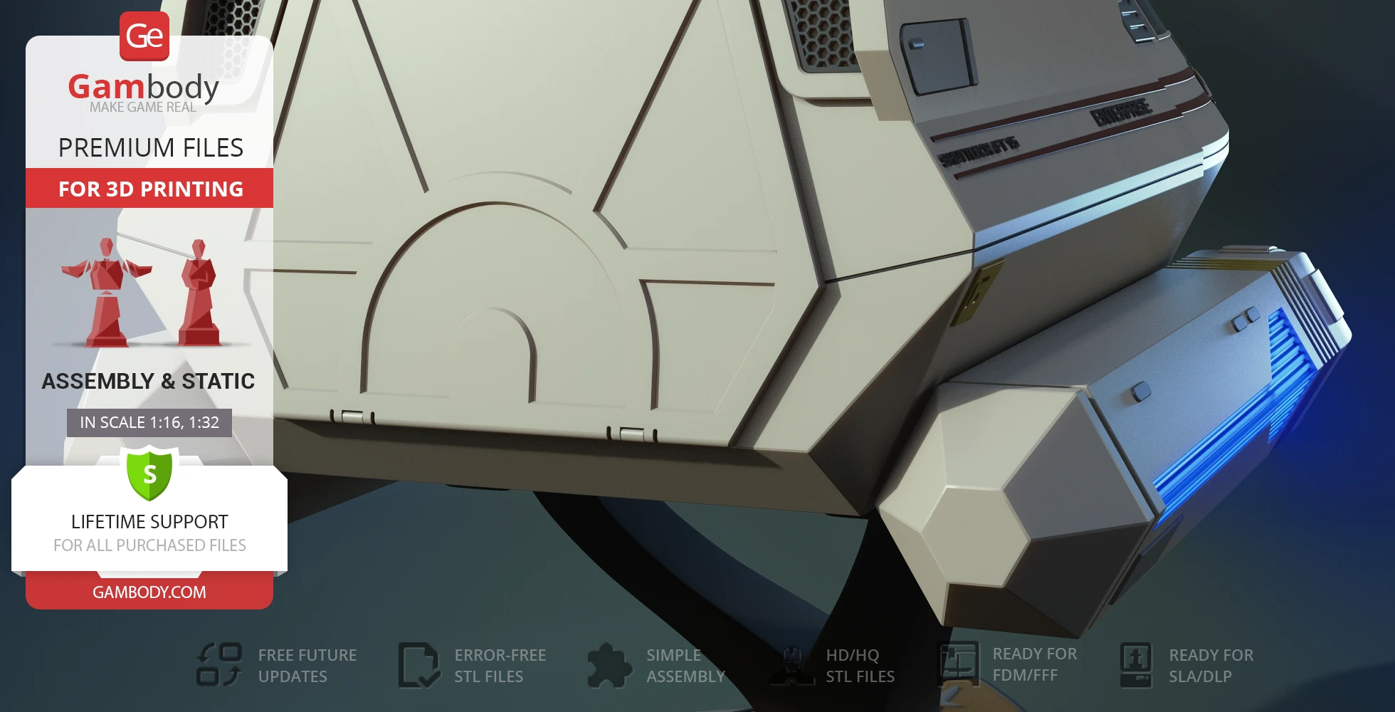 Type 6 Shuttlecraft model from Star Trek for 3D printing, featuring detailed textures and blue engine lights.