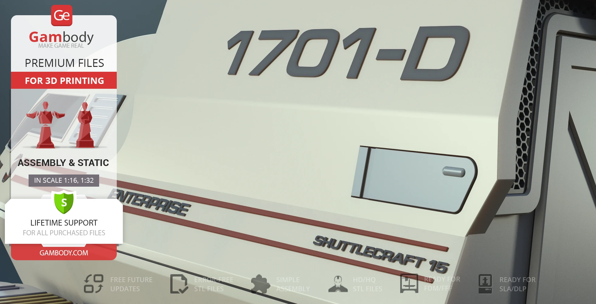 Close-up of Enterprise D Shuttlecraft Type 6 from Star Trek for 3D printing, showing '1701-D' and 'Shuttlecraft 15.'