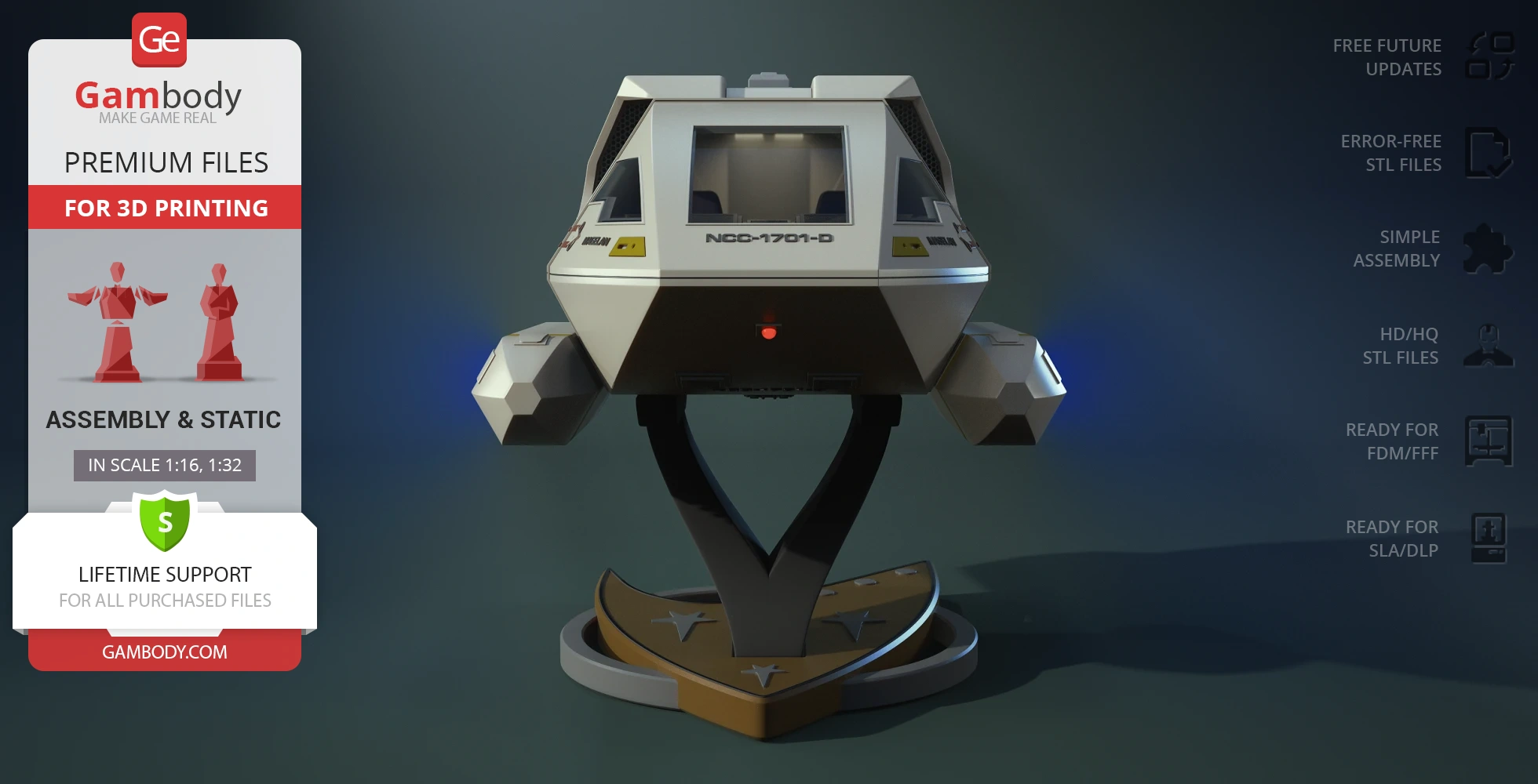 Star Trek Enterprise D Shuttlecraft Type 6 3D model for printing, displayed on a sleek stand.