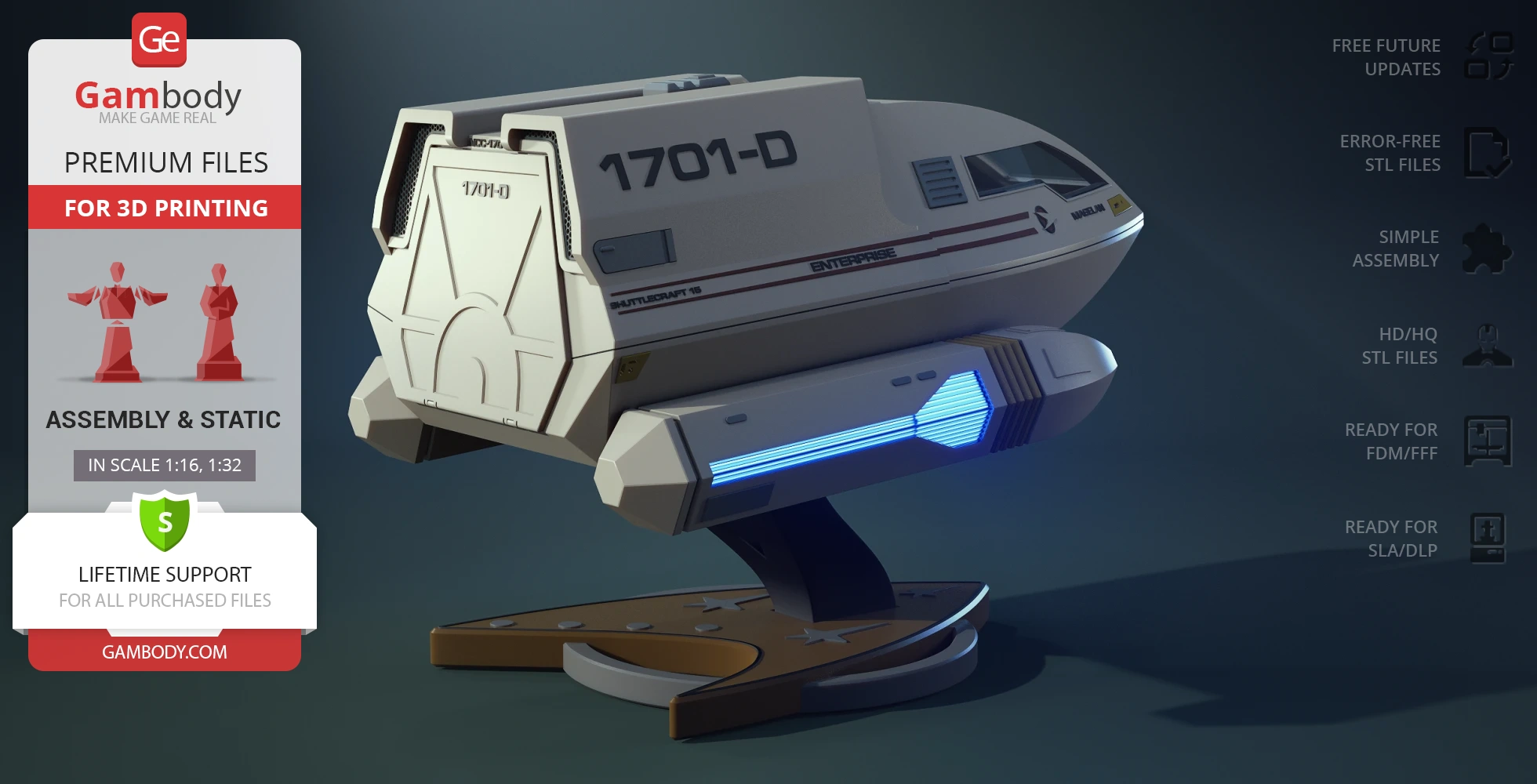 Futuristic shuttlecraft model from Star Trek on a display stand, labeled '1701-D'.