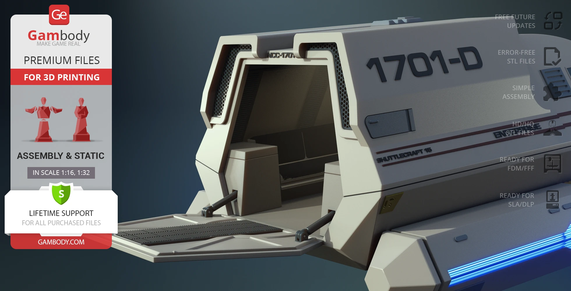 3D model of a Star Trek Enterprise D Shuttlecraft Type 6, featuring detailed design and open hatch.