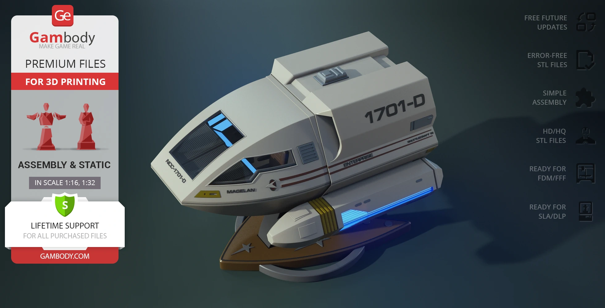 3D model of Enterprise D Shuttlecraft Type 6, detailed design for 3D printing by Gambody.