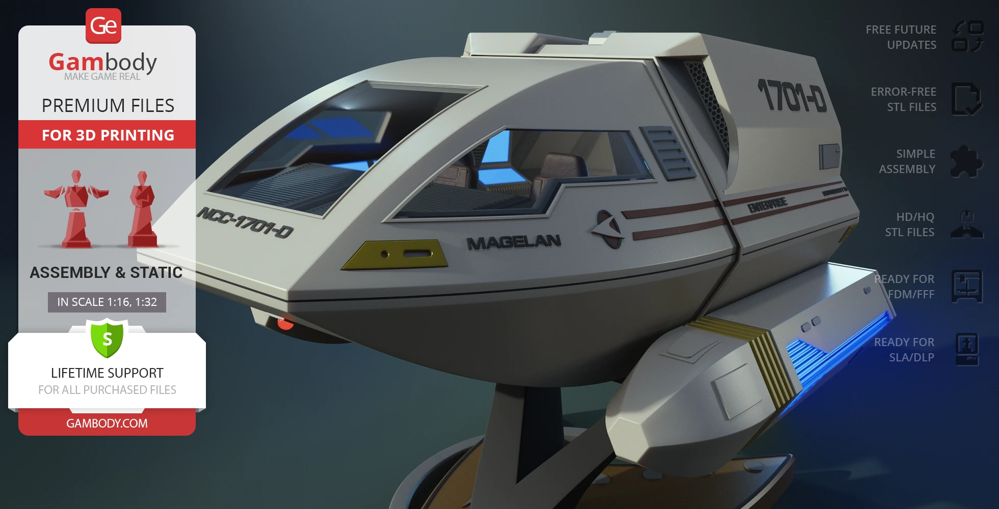A 3D model of the Star Trek Enterprise D Shuttlecraft Type 6 for 3D printing is displayed.