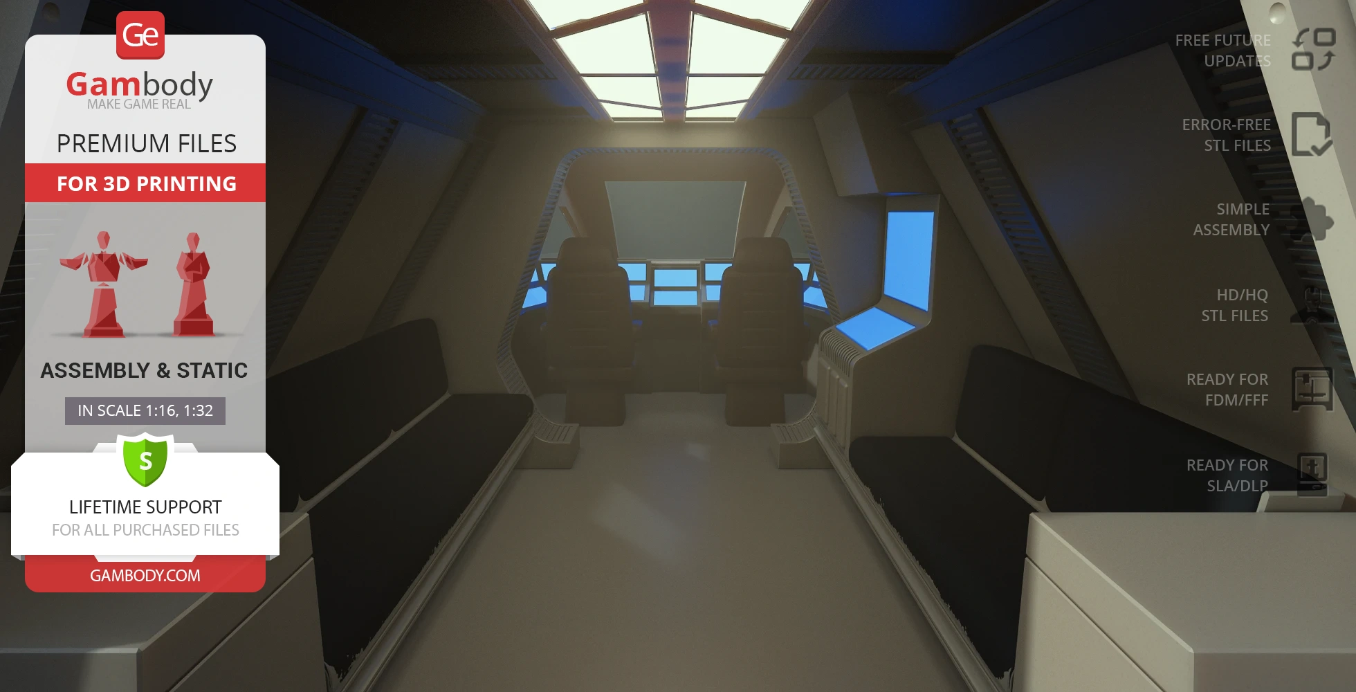 Interior of a Star Trek Enterprise D Type 6 shuttlecraft model for 3D printing, featuring seats and consoles.