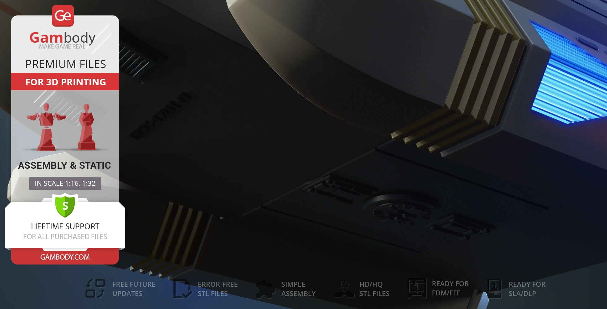 Close-up of a 3D model of a Type 6 Shuttlecraft from Star Trek with glowing blue light details.