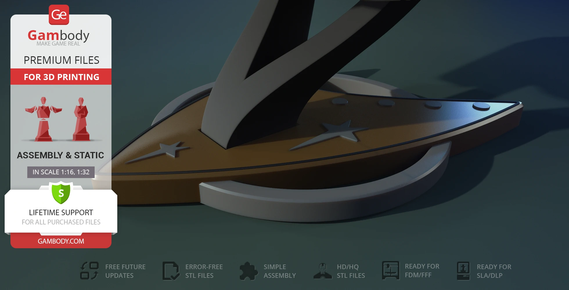 3D model display with a futuristic design and star motif, labeled for Gambody 3D printing files.