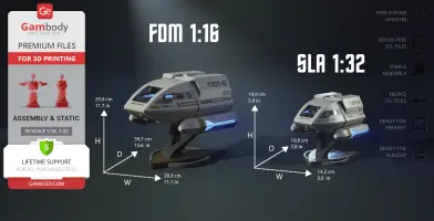 3D model of Star Trek's Enterprise D Shuttlecraft Type 6, shown in two scales with measurements and features.