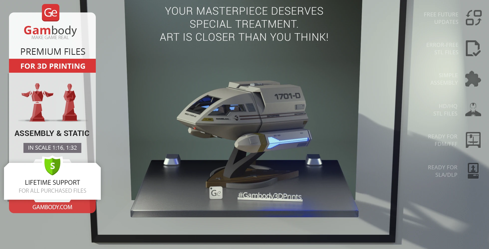 3D model of Star Trek Enterprise D Shuttlecraft Type 6, displayed on a stand for 3D printing.