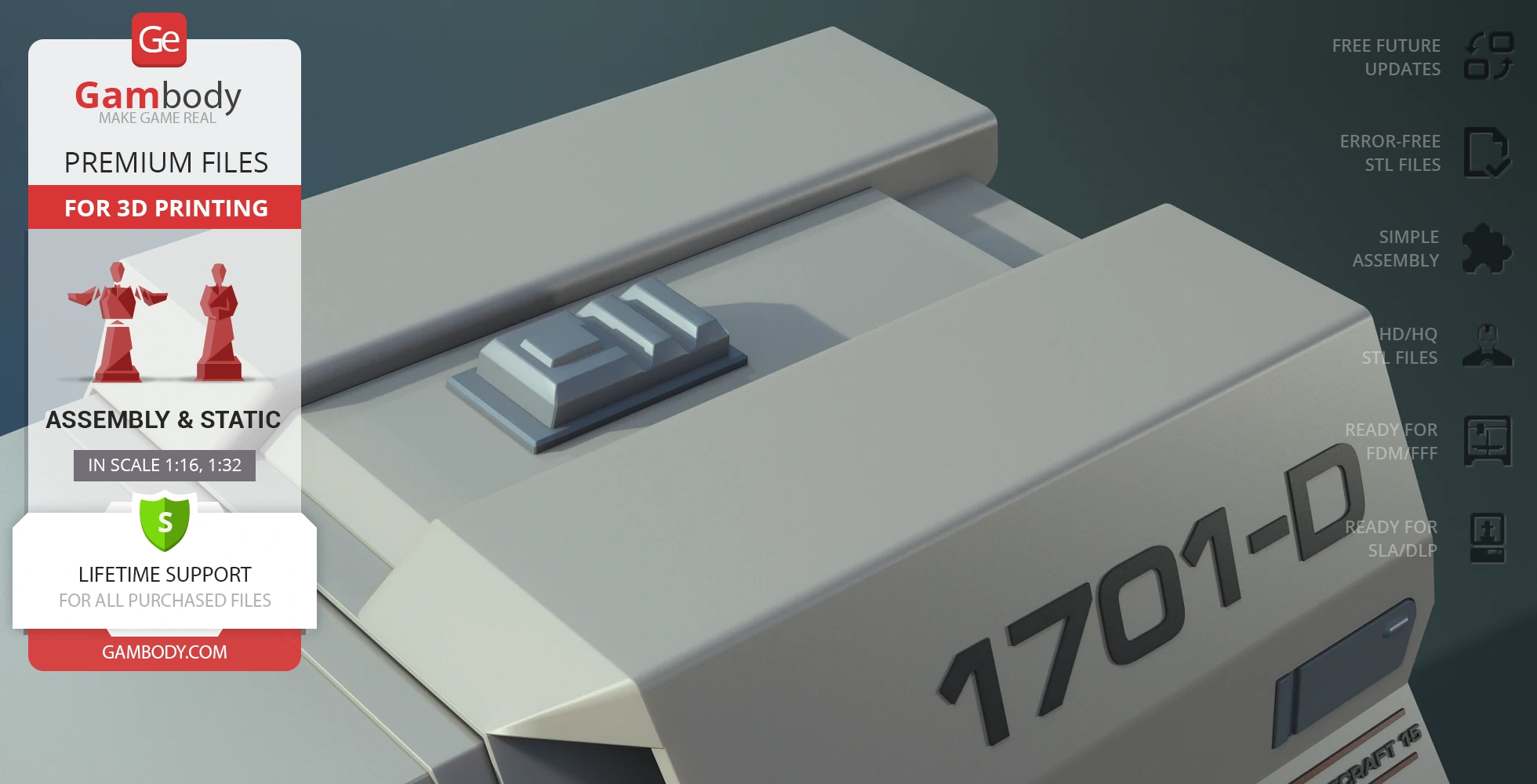 A detailed 3D model of the Enterprise D Shuttlecraft Type 6 for 3D printing, showing part of its hull.