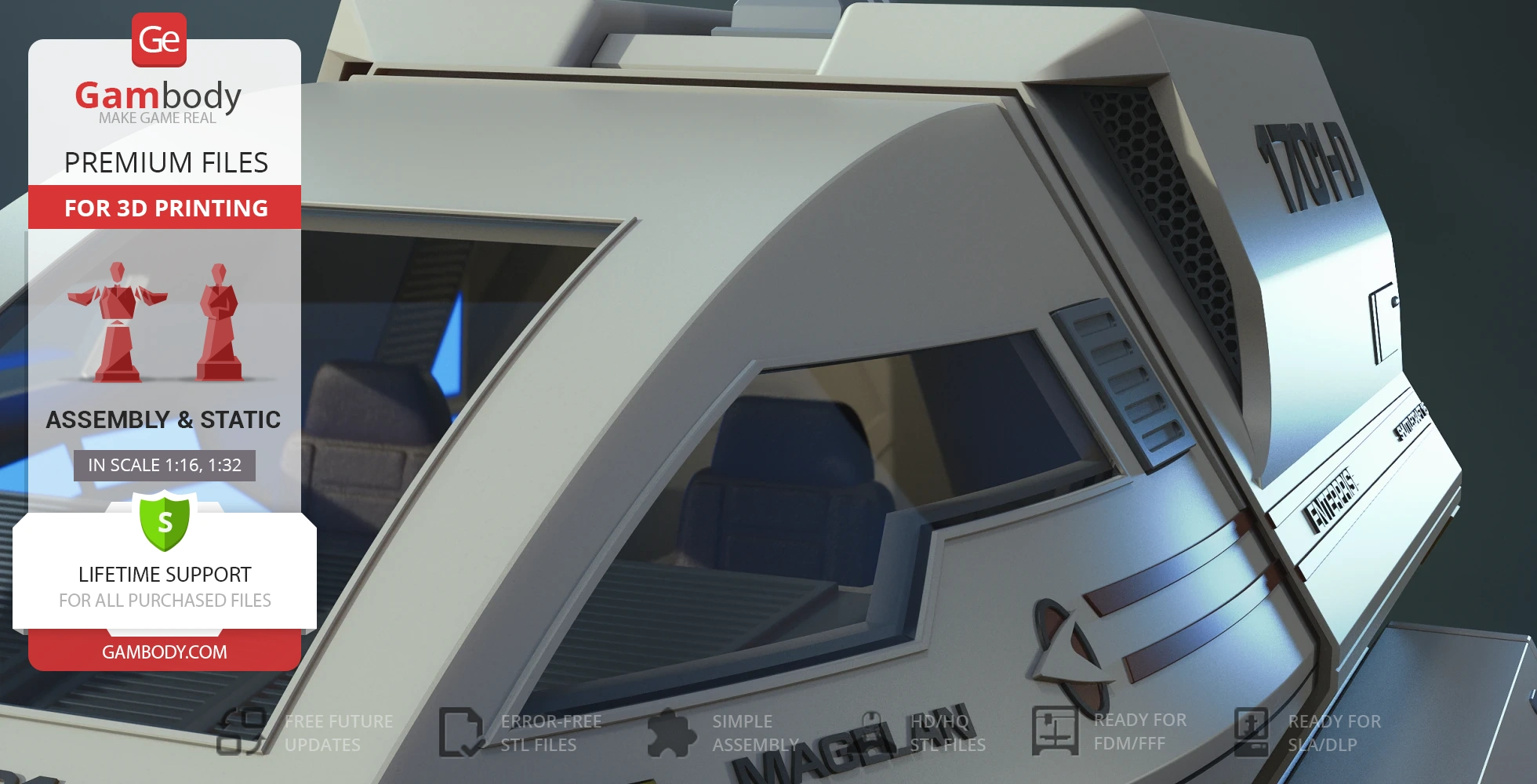 Detailed 3D model of a Star Trek Type 6 Shuttlecraft, ready for 3D printing, shown with close-up detail.
