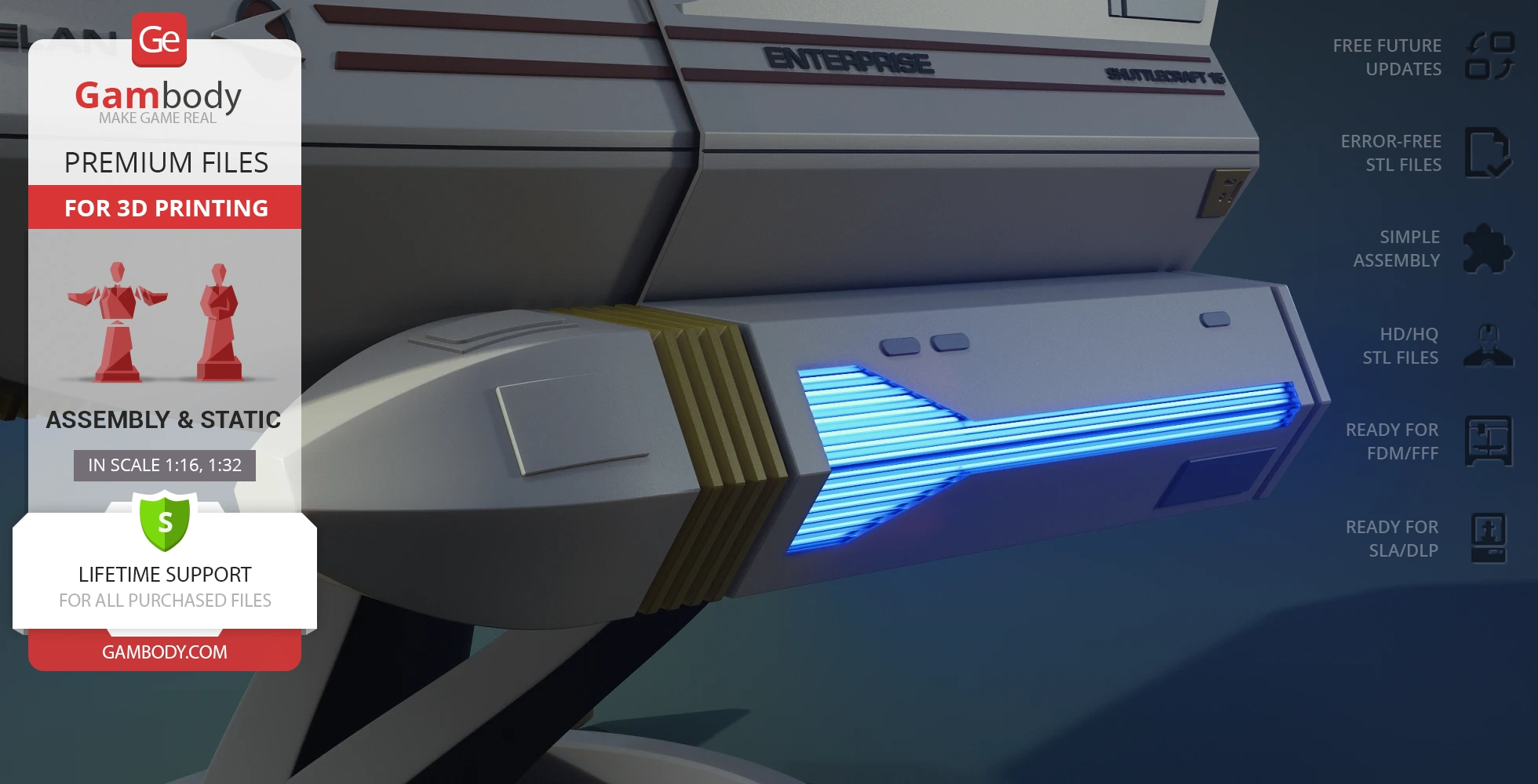 Futuristic shuttlecraft model from Star Trek with blue accents and assembly details.