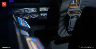 Futuristic spacecraft interior with illuminated control panels and dark seating, reminiscent of Star Trek design.