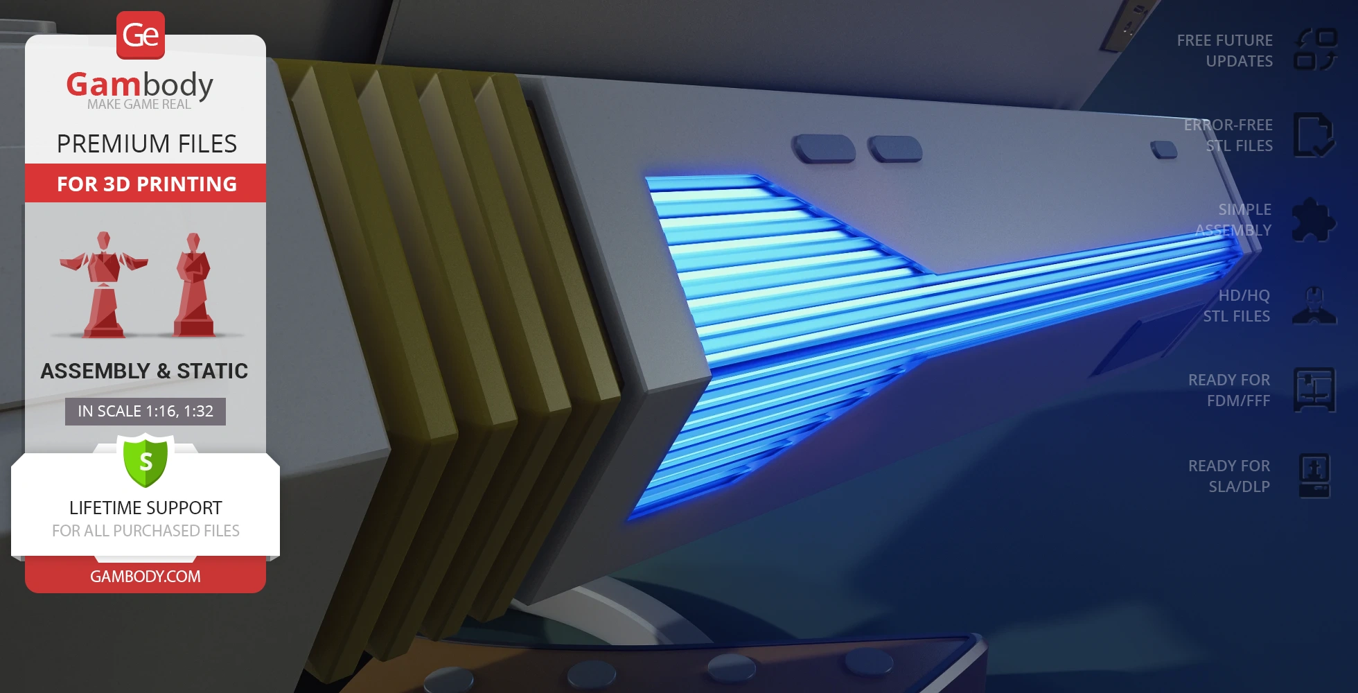 Close-up of a Star Trek Shuttlecraft Type 6, featuring blue illuminated details and angular design elements.