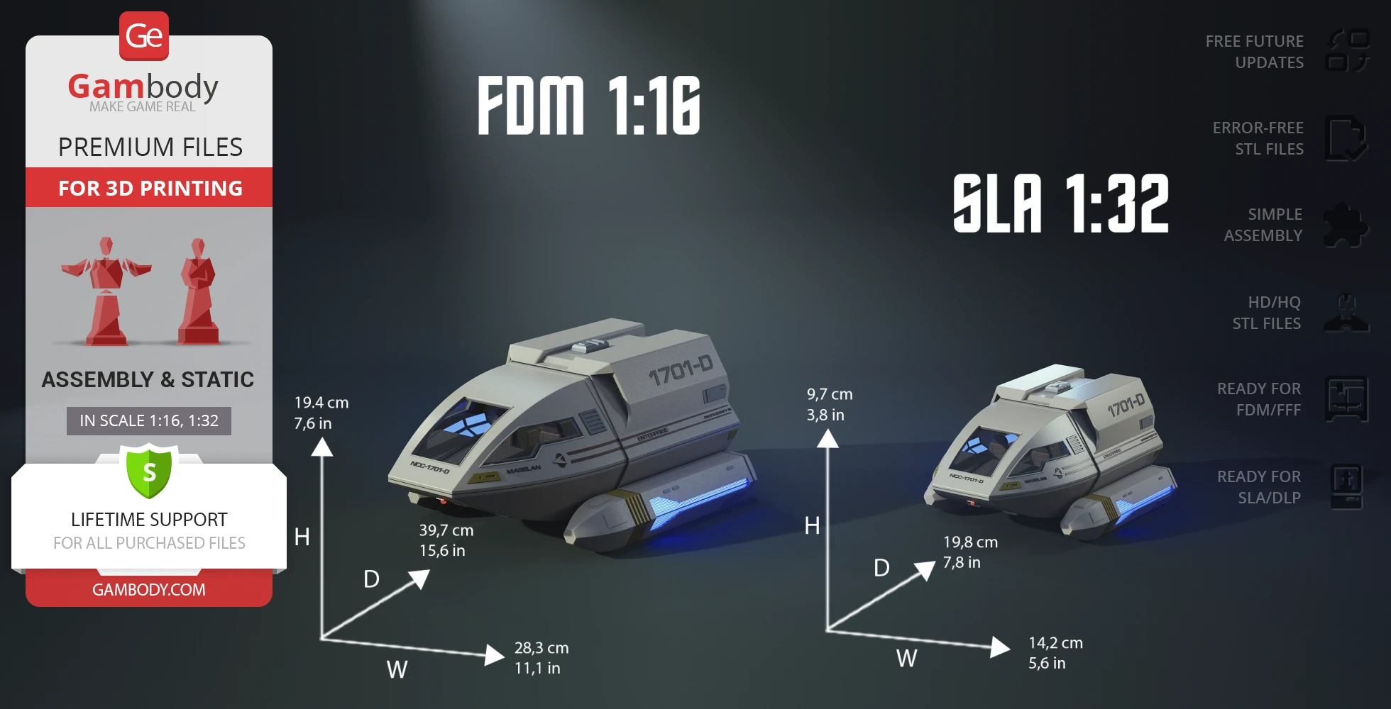 3D models of Star Trek Enterprise D Shuttlecraft Type 6, shown in two scales with dimensions for 3D printing.