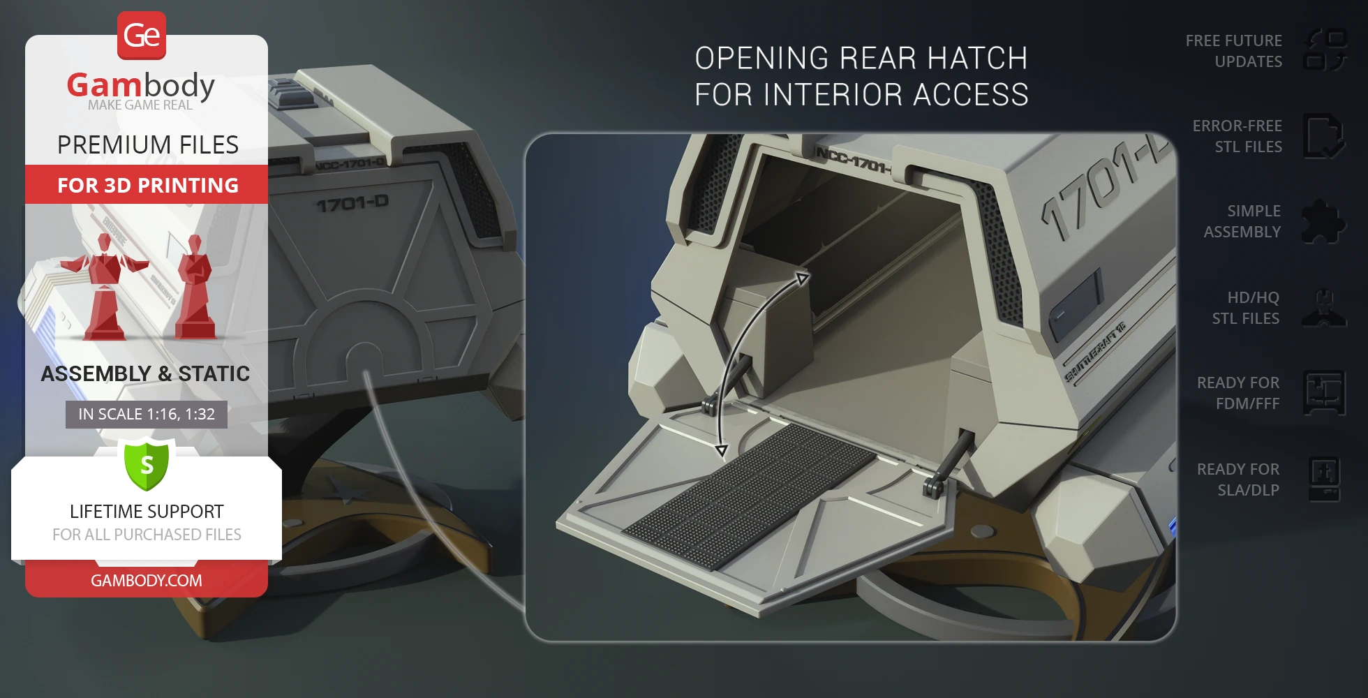 3D model of Star Trek's Type 6 Shuttlecraft with opening rear hatch for interior access.