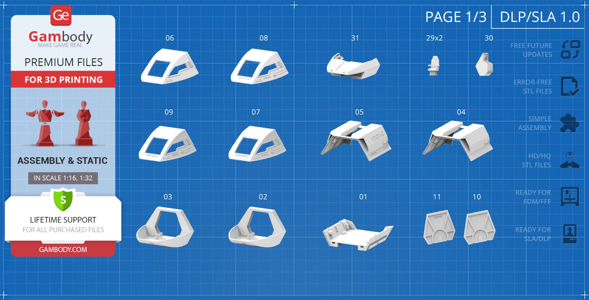 3D printable parts for assembling a Star Trek Enterprise D Type 6 Shuttlecraft model, displayed on blueprint.