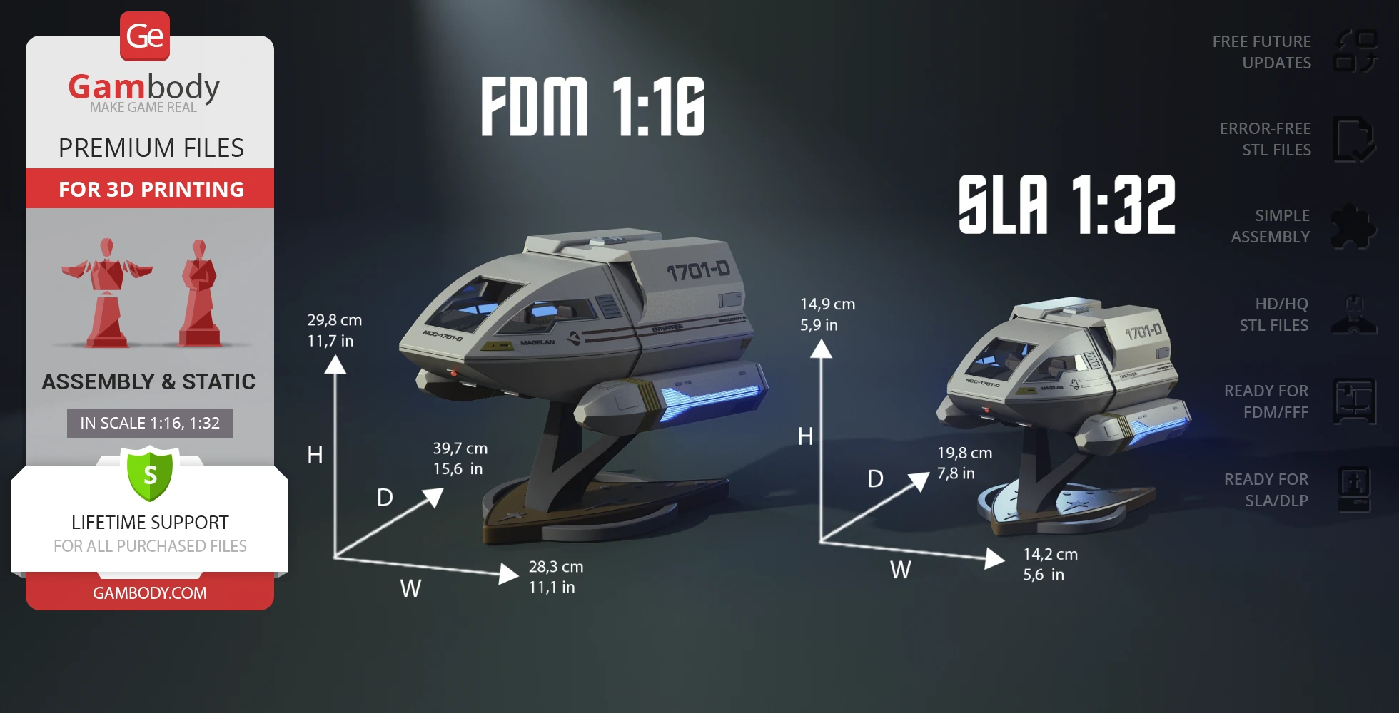 3D model of Star Trek's Enterprise D Shuttlecraft Type 6, shown in two scales with measurements and features.
