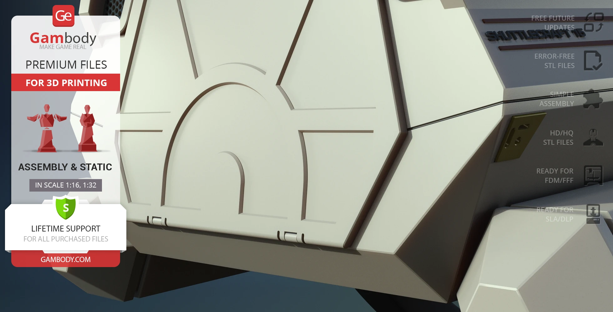 Close-up of a 3D model of the Enterprise D Shuttlecraft Type 6, featuring detailed panel designs.