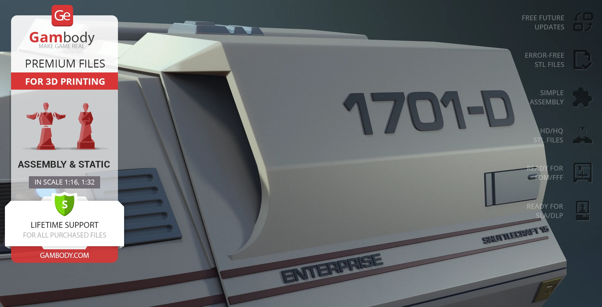 3D printable model of Star Trek's Enterprise D Type 6 Shuttlecraft with detailed markings.