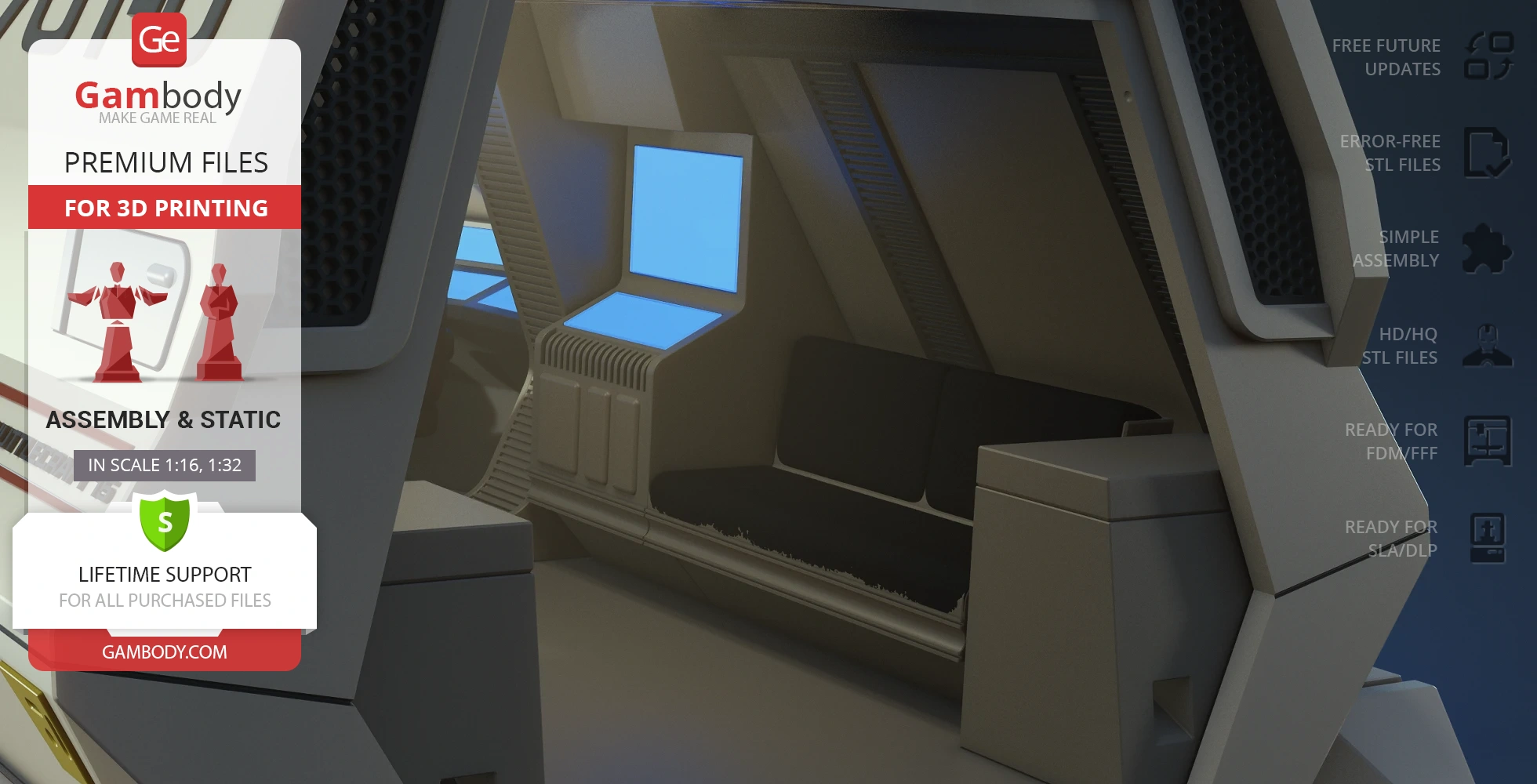 Interior of a Star Trek Type 6 shuttlecraft with seating and blue illuminated windows.