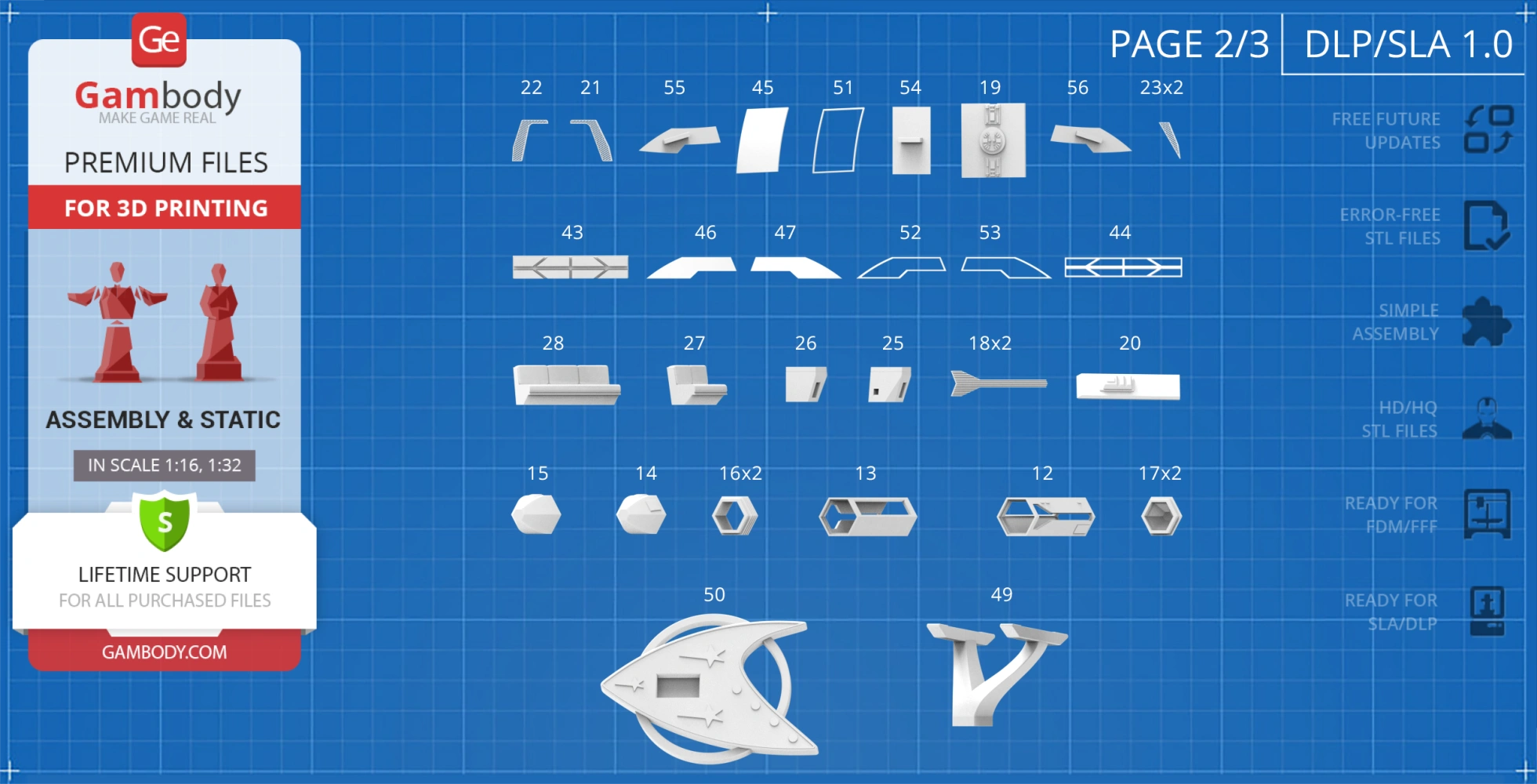 Blueprint of 3D printed parts for Enterprise D Shuttlecraft from Star Trek, showing various components.