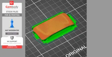 A 3D print layout of a rectangular object with layered lines in orange and green on a grid background.
