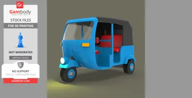 A blue three-wheel tuk-tuk with red seats and a black canopy, designed for 3D printing.
