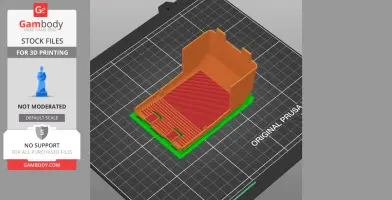 3D model of a three-wheel scooter base part, displayed on a grid, with sections in orange, red, and green.