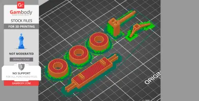 3D printed components for a three-wheel scooter assembly, including wheels and steering parts.