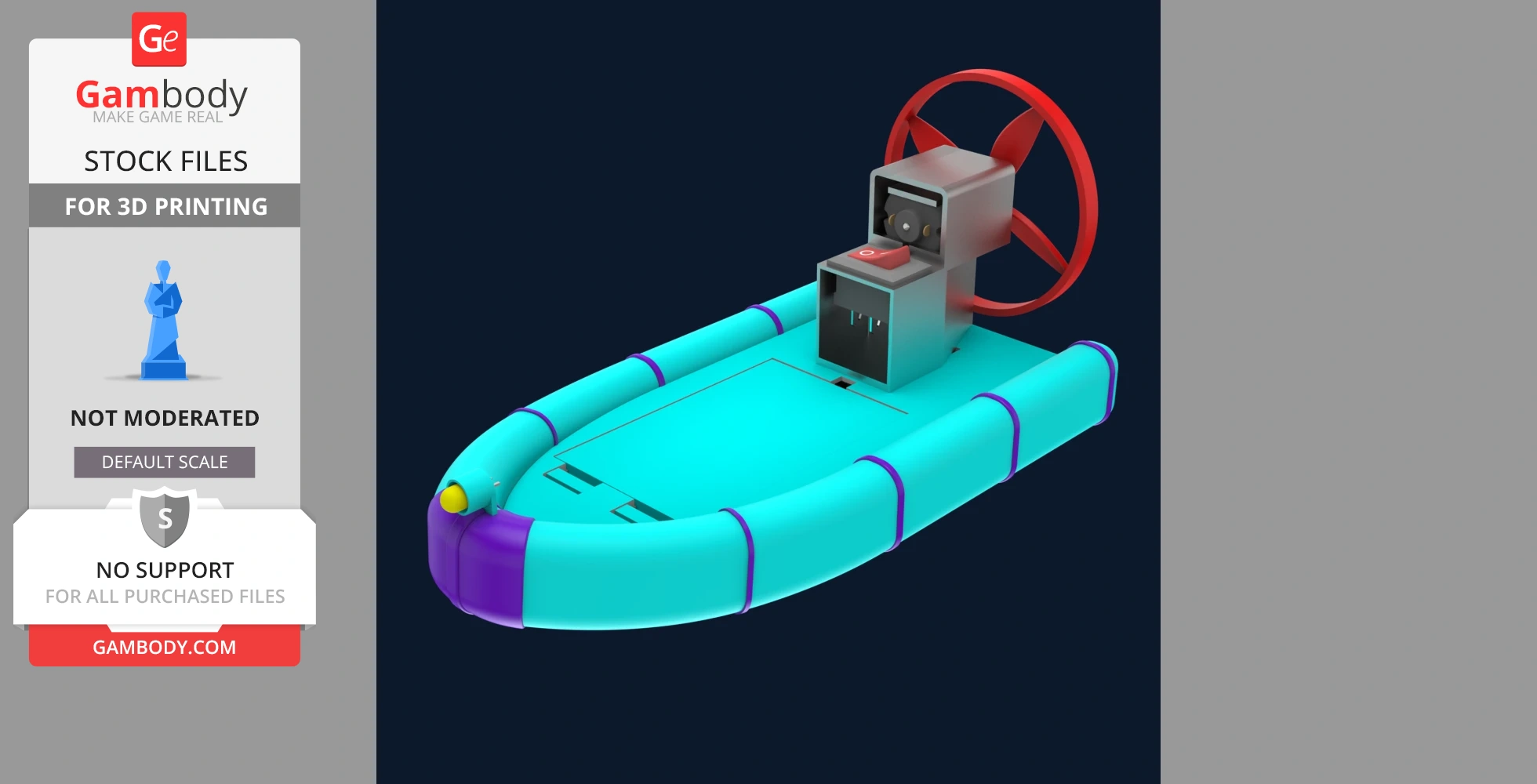 Realistic 3D printable airboat toy model with fan, designed for kids and hobbyists.