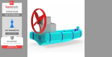3D model of a colorful fan-powered airboat toy with large red propeller and blue floats.