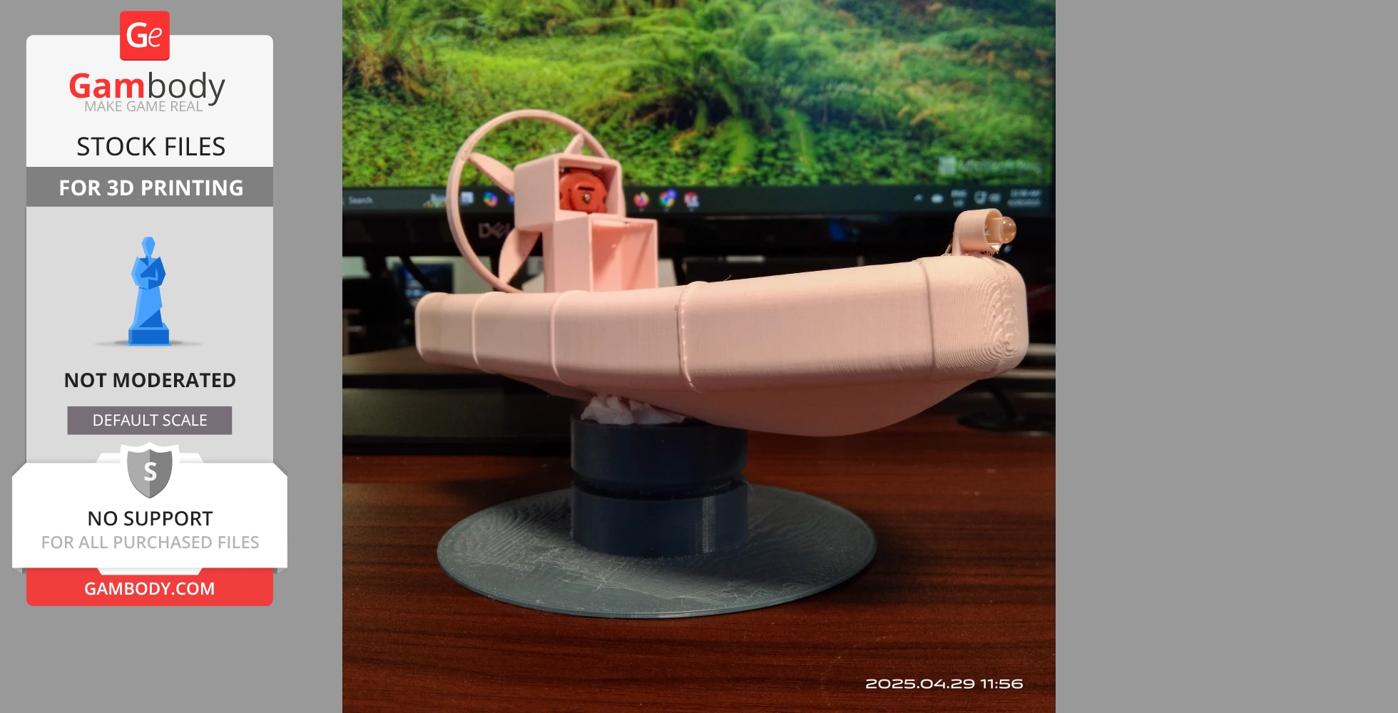 3D printed airboat model with fan and cockpit, displayed on a stand, suitable for kids and hobbyists.