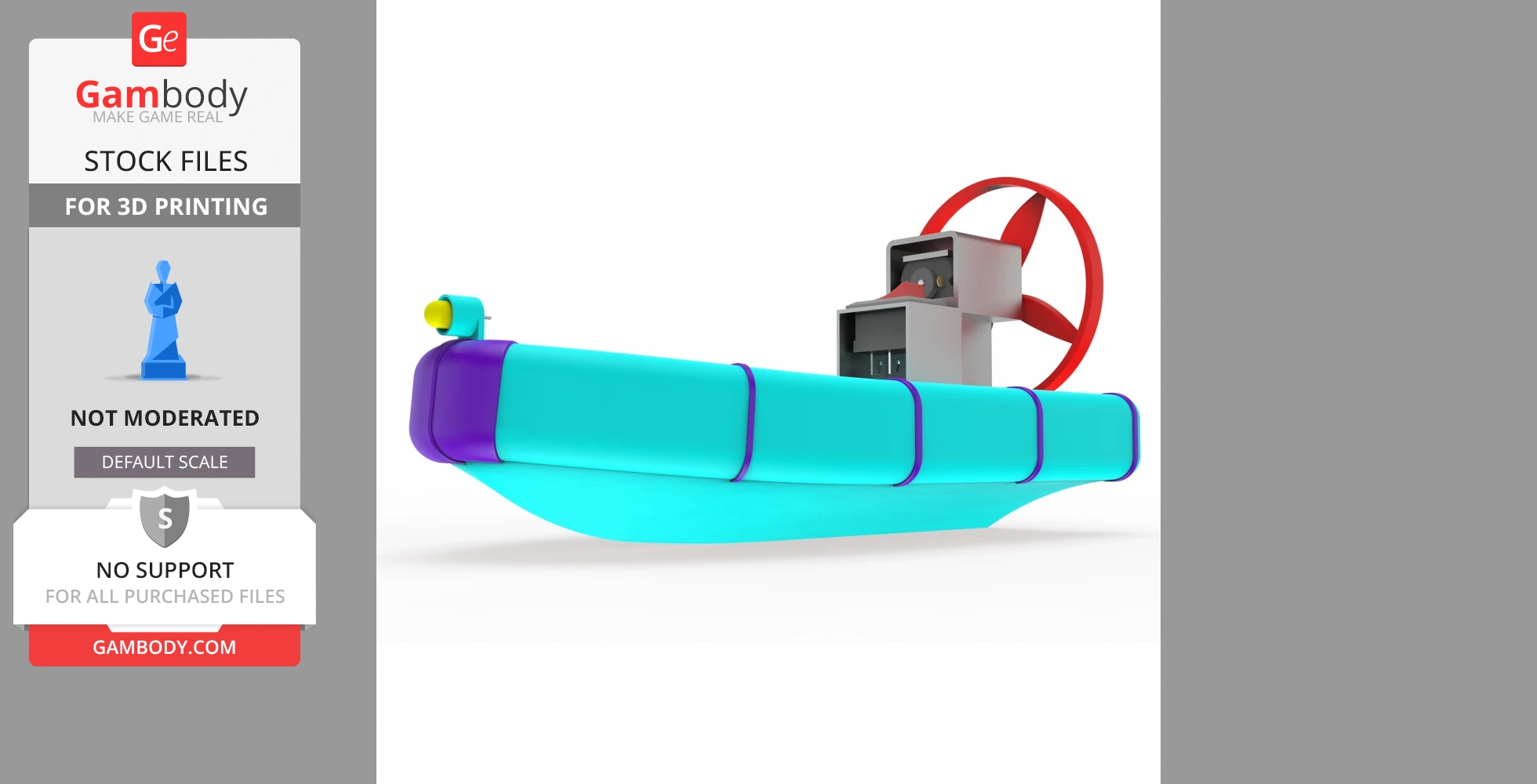 Colorful 3D printable airboat model with fan powering and sleek design for kids and hobbyists.