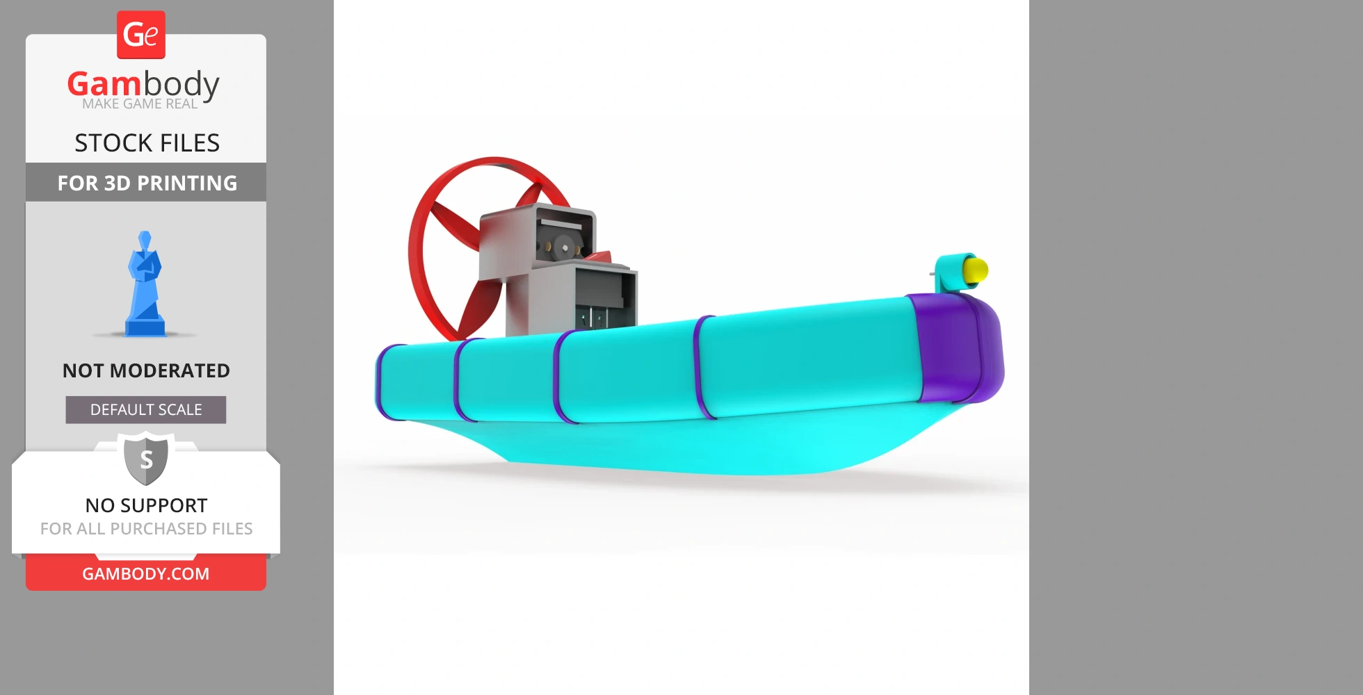 Colorful 3D printable airboat toy model with fan and bright accents.