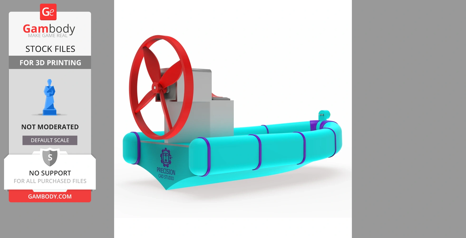 3D model of a colorful fan-powered airboat toy with large red propeller and blue floats.