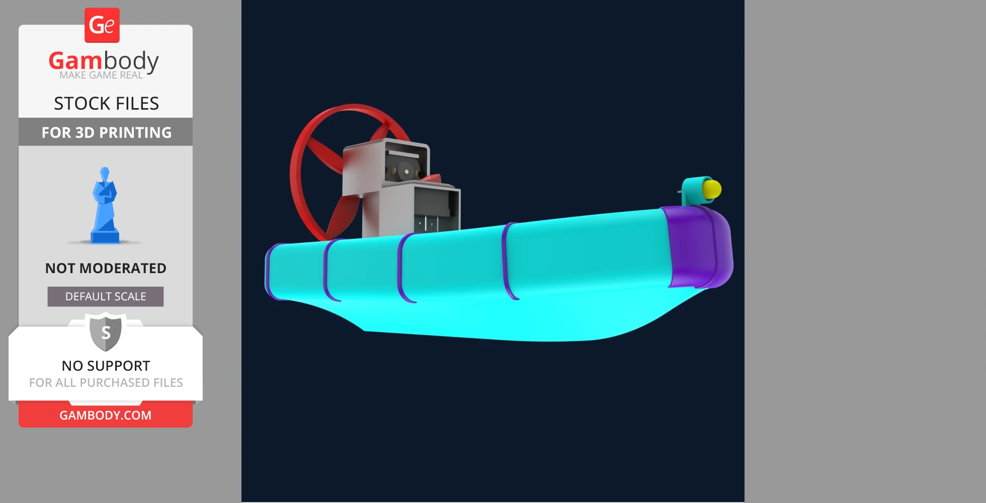 Colorful 3D printable airboat model with fan and motor components, ideal for kids and hobbyists.