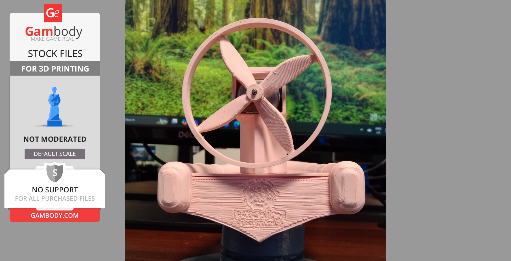 3D printed pink airboat model with a fan propeller, set against a forested background on a monitor.