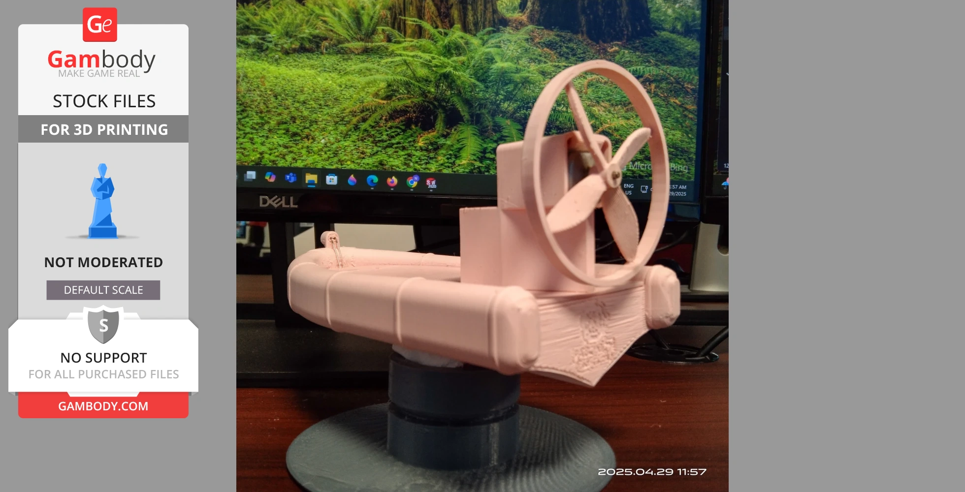 3D-printed airboat model with a fan, displayed in front of a green forest desktop background.