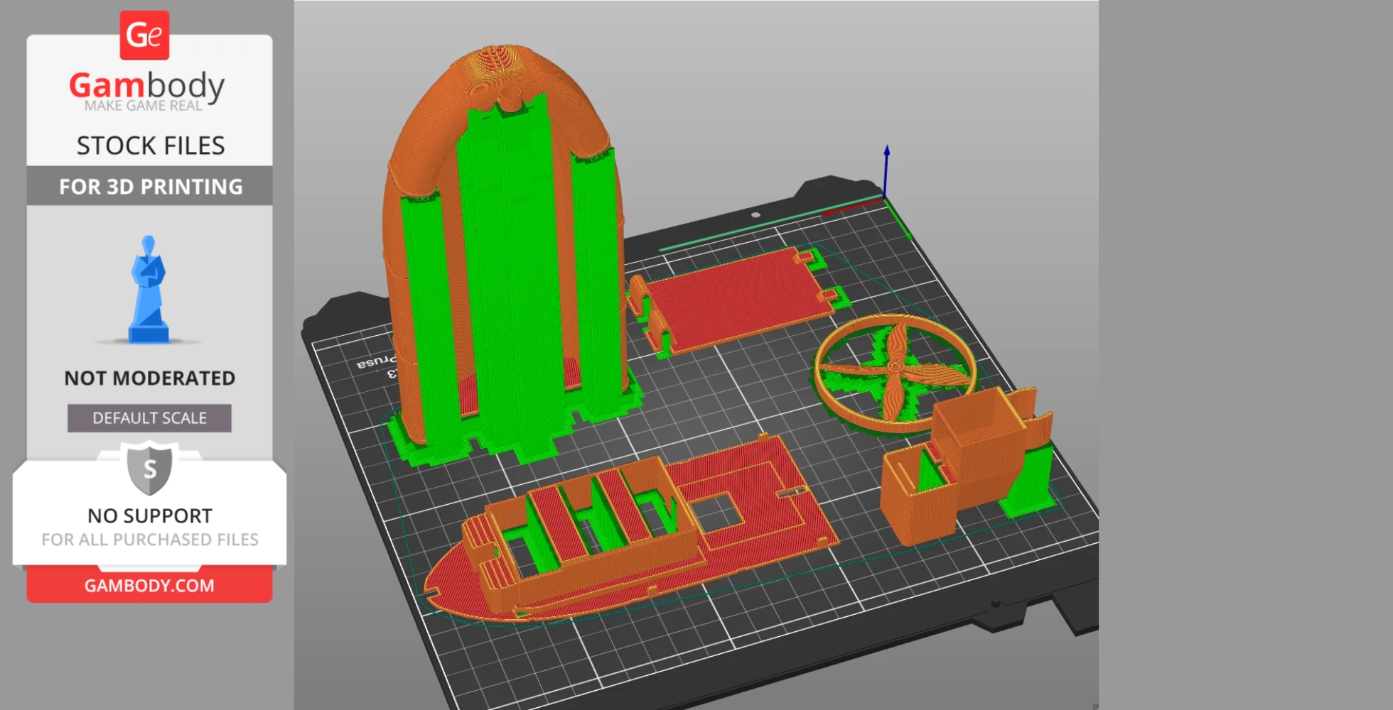 3D model parts of an airboat toy, including the hull, fan, and supports, arranged on a virtual print bed.