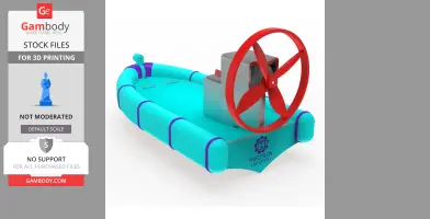 3D model of a turquoise airboat toy with a large red fan for printing.