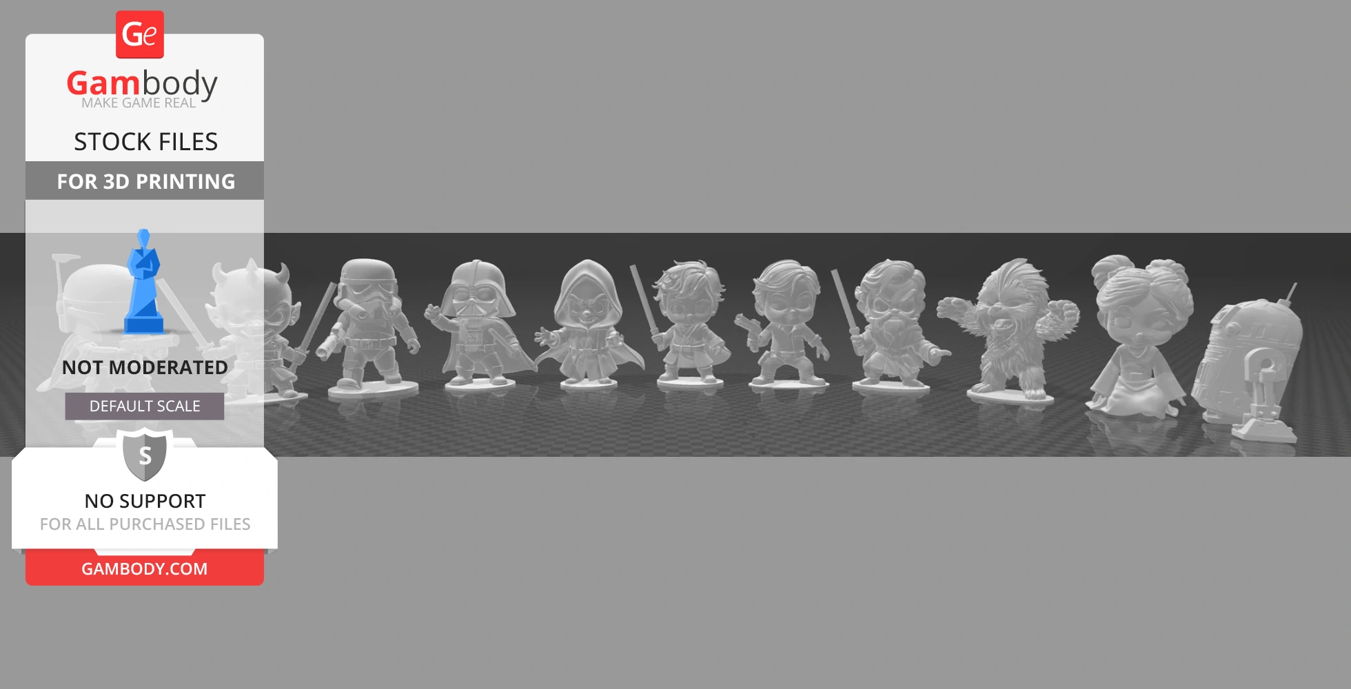 Chibi-style 3D models of iconic Star Wars characters in a lineup for printing.