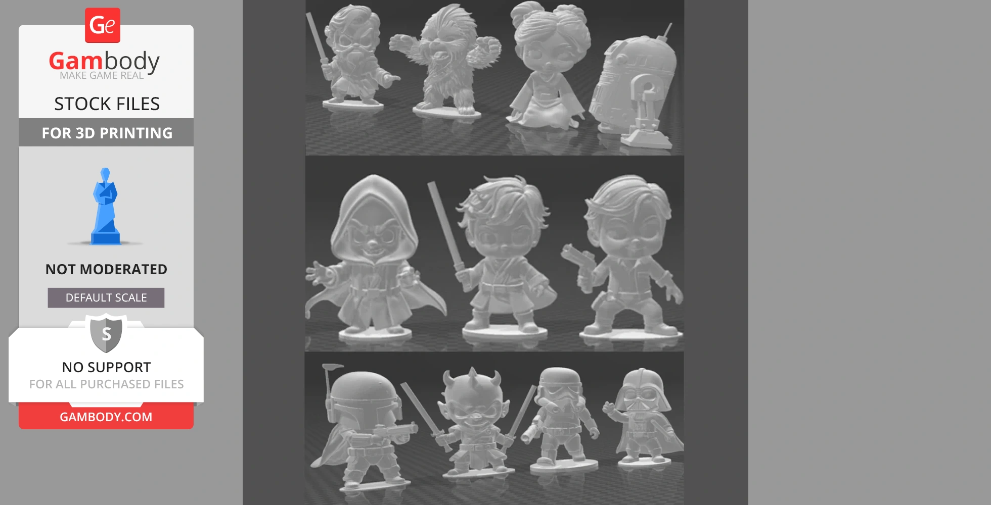 Chibi-style 3D models of iconic Star Wars characters, designed for 3D printing.